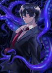  1boy azami_datto black_background black_hair black_nails blue_eyes closed_mouth earrings film_grain fingernails formal hair_between_eyes highres jewelry looking_at_viewer male_focus necktie original red_necktie solo suction_cups suit tentacles 