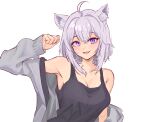  1girl ahoge alternate_costume animal_ear_fluff animal_ears armpits black_tank_top blush breasts casual cat_ears cleavage commentary double-parted_bangs fang grey_jacket hair_between_eyes highres hololive jacket looking_at_viewer medium_breasts medium_hair nekomata_okayu nokaa_aru off_shoulder open_clothes open_jacket open_mouth purple_eyes purple_hair simple_background smile solo tank_top upper_body virtual_youtuber white_background 