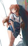  1girl absurdres blue_eyes denim denim_shorts highres jenmin12 long_hair neon_genesis_evangelion outdoors pout red_hair shirt shorts solo souryuu_asuka_langley t-shirt twintails 