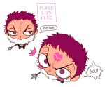  1boy angry arm_tattoo charlotte_katakuri chibi english_text foreshortening from_above frown highres lipstick_mark looking_at_viewer male_focus meme mewiyev one_piece place_lips_here_(meme) scarf scarf_over_mouth short_hair stitches tattoo 