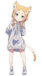  1girl :3 animal_ears aqua_eyes bare_legs bell braid camui1104 cat_ears cat_girl closed_mouth commentary_request forehead full_body grey_hoodie high_tops hood hood_down hoodie jingle_bell light_blush looking_at_viewer mimi_pearlbaton no_pants orange_hair parted_bangs re:zero_kara_hajimeru_isekai_seikatsu shoes short_eyebrows sidelocks simple_background smile sneakers solo tail twin_braids white_background white_footwear 