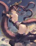  1girl aircraft airship antlers ass bare_shoulders beads black_gloves black_hair black_panties black_thighhighs breasts brown_eyes cloud covered_nipples dragon_girl dragon_tail fingerless_gloves from_side gloves highres jojobirdz large_breasts long_hair monster_girl nail_polish no_shoes original panties pink_nails pointy_ears tail thighhighs twintails underwear 