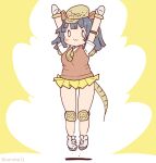  1girl armadillo_ears armadillo_tail arms_up black_hair cardigan coroha full_body giant_armadillo_(kemono_friends) gloves hat jumping kemono_friends long_hair looking_at_viewer necktie shirt shoes simple_background skirt solo yellow_background 