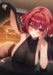  1girl :o absurdres amane_sora bare_shoulders blush breasts cleavage collarbone groin hair_between_eyes hair_ribbon heterochromia highres hololive houshou_marine kotatsu large_breasts leotard long_hair looking_at_viewer lying on_stomach open_mouth red_eyes red_hair ribbon see-through see-through_cleavage sideboob solo table turtleneck_leotard twintails under_kotatsu under_table virtual_youtuber yellow_eyes 