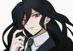  1boy black_hair black_jacket collared_shirt danganronpa_(series) danganronpa_2:_goodbye_despair green_necktie hair_between_eyes highres jacket kamukura_izuru long_hair natsukusa_(hacho129) necktie red_eyes shirt simple_background solo teeth white_background white_shirt 