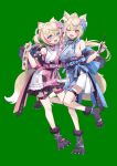  2girls absurdres animal_ear_fluff animal_ears asymmetrical_clothes belt belt_buckle blonde_hair blue_belt blue_eyes blue_hair breasts buckle crossed_bangs curry_bowl detached_sleeves dog_ears dog_girl dog_tail flower frilled_kimono frills fuwawa_abyssgard fuwawa_abyssgard_(new_year) green_background hair_between_eyes hair_flower hair_ornament highres holding holding_calligraphy_brush holding_paper hololive hololive_english japanese_clothes kimono large_breasts looking_at_viewer mococo_abyssgard mococo_abyssgard_(new_year) multicolored_hair multiple_girls official_alternate_costume official_alternate_hairstyle one_eye_closed paper paw_shoes pink_belt pink_eyes pink_hair pink_kimono siblings sideboob sideless_kimono simple_background sisters sleeveless standing standing_on_one_leg streaked_hair tail thigh_strap twins virtual_youtuber white_kimono 