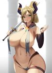  1girl :o bare_shoulders black_horns blonde_hair breast_curtains breasts demon_girl green_eyes harem_outfit highres holding holding_sword holding_weapon horn_ornament horn_ring horns huge_breasts loincloth long_hair naughty_face original pelvic_curtain pointy_ears revealing_clothes sana!rpg sword thick_thighs thighs weapon wide_hips 