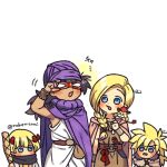  2boys 2girls adjusting_eyewear asymmetrical_sleeves belt belt_bag bianca_(dq5) black_hair blonde_hair blue_eyes blunt_bangs blush borongo bow bracelet braid brown_dress cape child cloak cosplay danjo_(yoshihiko) dark-skinned_male dark_skin dragon_quest dragon_quest_v dress facial_hair family father_and_daughter father_and_son hair_bow hand_up hero&#039;s_daughter_(dq5) hero&#039;s_son_(dq5) hero_(dq5) highres holding holding_staff husband_and_wife jewelry long_hair looking_at_another low_ponytail merebu merebu_(cosplay) mother_and_daughter mother_and_son multiple_boys multiple_girls murasaki_(yoshihiko) murasaki_(yoshihiko)_(cosplay) nabenko necklace open_mouth parody purple_cape purple_cloak purple_headwear red_bow scarf short_hair siblings single_braid spiked_hair staff standing turban twins twitter_username white_background white_tunic yoshihiko yoshihiko_(cosplay) yuusha_yoshihiko_to_maou_no_shiro 