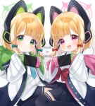  2girls animal_ear_headphones animal_ears aqua_bow black_shorts black_skirt black_thighhighs blonde_hair blue_archive blue_necktie blush bow cat_ear_headphones fake_animal_ears green_eyes green_halo green_hood hair_bow halo handheld_game_console hands_up headphones heart highres holding holding_handheld_game_console jacket looking_at_viewer low-tied_sidelocks midori_(blue_archive) momoi_(blue_archive) multiple_girls nanakusa_yomogi necktie nintendo_switch open_mouth pink_eyes pink_halo pink_hood pixel_heart red_bow shirt short_hair shorts siblings sisters sitting skirt smile suspenders thighhighs twins wariza white_background white_jacket white_shirt 