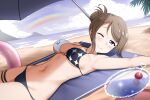  1girl absurdres beach bikini blue_eyes blush breasts from_side highres limelam06 looking_at_viewer love_live! love_live!_sunshine!! lying on_back ponytail short_hair solo swimsuit thighs watanabe_you 