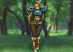 absurd_res big_breasts blonde_hair blue_clothing blue_eyes blue_topwear blush bottomwear breasts breath_of_the_wild brown_bottomwear brown_clothing brown_footwear brown_pants brown_shoes clothed clothing eyelashes female footwear forest front_view fully_clothed hair hands_behind_head hi_res humanoid humanoid_pointy_ears hylian long_hair looking_at_viewer nintendo nyalinch outside pants plant princess_zelda shoes smile solo standing tan_body tan_skin the_legend_of_zelda thick_thighs topwear tree wide_hips