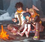  1boy 2girls black_hair blue_hair boots brown_hair campfire cave chest_jewel dark-skinned_male dark_skin eunie_(xenoblade) feathered_wings fiery_hair fire gari glowing_lines head_wings highres hood hoodie hug hug_from_behind jacket multiple_girls scarf sena_(xenoblade) shared_clothes shared_scarf shoes side_ponytail sitting sitting_on_lap sitting_on_person sneakers taion_(xenoblade) wings xenoblade_chronicles_(series) xenoblade_chronicles_3 