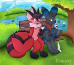 3_toes absurd_res black_body black_ear_tips black_ears black_fur black_hair black_nose black_tail blue_body blue_ears blue_fur blue_markings blue_nose building canid canine canis cute_fangs dessert detailed_background dorsal_fin duo ear_fins ear_markings ears_up eeveelution eye_contact eyewear facial_markings fangs feet feral fin food forehead_markings frill_(anatomy) fur generation_1_pokemon generation_2_pokemon glasses grass hair happy head_fin head_markings hi_res ice_cream ice_cream_cone lake looking_at_another male mammal markings mouth_closed multicolored_body multicolored_ears multicolored_fur multicolored_markings navel neck_frill nintendo park paws plant pokemon pokemon_(species) pupils red_body red_eyes red_fur ring_(marking) scarf semi-anthro shiny_pokemon sitting small_nose smile star_(star_umbreon) tail tail_fin teeth thick_tail toes tree tunibarks two_tone_body two_tone_ears two_tone_fur two_tone_tail umbreon vaporeon yellow_eyes
