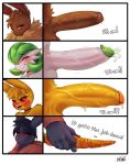  2022 absurd_res anthro blush bodily_fluids carrot clothing digital_media_(artwork) eevee english_text eyebrows faejunkie fingers food gardevoir generation_1_pokemon generation_3_pokemon genital_fluids genitals hi_res humanoid_genitalia humanoid_penis looking_at_viewer male nintendo penis pikachu plant pokemon pokemon_(species) simple_background text vegetable vein video_games 
