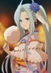  1girl ahoge bangs blue_eyes blue_hair blurry blurry_background blush closed_mouth cotton_candy feather_hair_ornament feathers flower food granblue_fantasy hair_flower hair_ornament holding holding_food japanese_clothes kimono long_hair long_sleeves lyria_(granblue_fantasy) mifuta obi parted_bangs ponytail sash smile solo upper_body yukata 