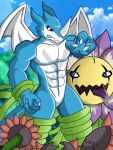 ambiguous_gender anthro bandai_namco digimon digimon_(species) dragokaizer666 duo elemental_creature exveemon flora_fauna hi_res male muscular muscular_anthro muscular_male plant tentacle_around_leg tentacle_bondage tentacles vine_tentacles vines