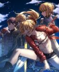  2girls 3boys absurdres ahoge armor armored_dress arthur_pendragon_(fate) artoria_pendragon_(fate) bandeau belt braid breastplate breasts cape character_request clarent_(fate) cleavage clenched_teeth closed_mouth denim denim_shorts excalibur_(fate/stay_night) fate/grand_order fate_(series) french_braid green_eyes groin hair_over_one_eye highres jacket juliet_sleeves lancelot_(fate/grand_order) long_sleeves mordred_(fate) mordred_(fate/apocrypha) multiple_boys multiple_girls navel none_(kameko227) ponytail puffy_sleeves purple_hair red_hair red_jacket red_scrunchie saber scrunchie shorts small_breasts teeth thighs 