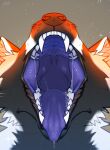 absurd_res ambiguous_gender anthro blue_tongue bodily_fluids bust_portrait drooling famir_(artist) fangs front_view fur grey_body grey_fur hi_res mouth_shot obscured_eyes open_mouth portrait saliva saliva_string sharp_teeth solo teeth tongue white_body white_fur