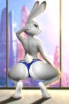2022 4_fingers anthro barefoot blue_clothing blue_panties blue_underwear butt clothed clothing crouching detailed_background digital_media_(artwork) disney eyebrows eyelashes feet female fingers fur furgonomic_bottomwear furgonomics grey_body grey_fur hand_behind_head hi_res judy_hopps just_another_one lagomorph legwear leporid looking_at_viewer looking_back looking_back_at_viewer mammal panties panties_only paws pink_nose purple_eyes rabbit scut_tail short_tail solo tail thigh_highs topless underwear underwear_only zootopia