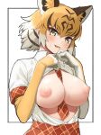  1girl :d animal_ear_fluff animal_ears bangs between_breasts black_hair blonde_hair breasts breasts_out commentary deku_suke dress_shirt elbow_gloves extra_ears fang gloves gradient_hair hair_between_eyes heart highres kemono_friends large_breasts looking_at_viewer multicolored_hair necktie necktie_between_breasts nipples no_bra open_clothes open_mouth open_shirt plaid plaid_necktie plaid_skirt plaid_trim puffy_nipples red_necktie red_skirt shirt short_hair short_sleeves simple_background skirt smile solo sweat tiger_(kemono_friends) tiger_ears two-tone_gloves two-tone_hair upper_body white_background white_gloves white_hair white_shirt yellow_eyes yellow_gloves 