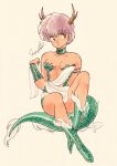  1980s_(style) 1girl armlet boots breasts brown_eyes choker cleavage commentary dragon_girl dragon_horns dragon_tail fujinami_ryuunosuke full_body green_choker green_footwear green_wristband highres horns knee_boots looking_at_viewer mendako_da pink_hair retro_artstyle scales signature simple_background solo symbol-only_commentary tail urusei_yatsura wristband yellow_background 