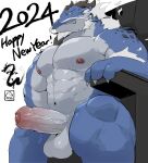 2024 abs absurd_res anthro balls beard biceps biped blue_body blue_scales brown_horn chinese_zodiac colored dragon eastern_dragon english_text erection facial_hair foreskin genitals glans grey_balls grey_body grey_penis grey_scales hair hi_res horn inner_ear_fluff male multicolored_body multicolored_scales muscular muscular_anthro muscular_male muscular_thighs mustache navel new_year_2024 nipples nude pecs penis red_glans red_nipples scales signature simple_background sitting text toothy_grin tuft two_tone_body two_tone_scales vein veiny_penis warr white_background white_hair year_of_the_dragon