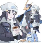  1girl alternate_color beanie bird black_hair black_jacket blue_skin blush colored_skin commentary commentary_request dawn_(pokemon) empoleon grey_eyes hat highres jacket long_hair looking_at_viewer memoji_7672 mixed-language_commentary multiple_views open_mouth penguin piplup pokemon pokemon_(creature) pokemon_dppt smile teeth upper_teeth_only v-shaped_eyebrows white_background white_headwear 
