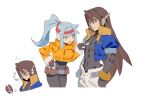  1boy 1girl ashe_(mega_man) belt black_bodysuit blue_hair blue_jacket blush blush_stickers bodysuit bottomless brown_hair cropped_jacket fang green_eyes high_ponytail highres jacket light_blue_hair long_hair mayutsuba_mono mega_man_(series) mega_man_zx mega_man_zx_advent model_z_(mega_man) open_clothes open_jacket orange_jacket pointing pointing_at_another robot_ears skin_fang vent_(mega_man) 