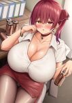  :o absurdres bangs blush book bracelet breasts bursting_breasts can chair choker cleavage coffee collarbone desk hair_between_eyes hair_ribbon head_on_hand highres holding holding_can hololive houshou_marine huge_breasts jewelry kusana_(dudqja602) long_hair looking_at_viewer office_chair open_mouth panties pantyhose red_eyes red_hair red_skirt ribbon shiny shiny_skin shirt short_sleeves sitting skirt taut_clothes taut_shirt underwear virtual_youtuber white_panties yellow_eyes 