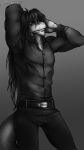 2023 anthro belt black_hair bottomwear bulge clothing dragon gradient_background grey_background greyscale grumpy hair hi_res long_hair looking_at_viewer loxchi male manly monochrome muscular muscular_male pants pose rashouru reptile scalie shirt signature simple_background solo tail tight_clothing tight_shirt tight_topwear topwear yellow_eyes