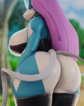 3d_(artwork) anthro big_breasts big_butt biped blue_body bottomless breasts butt clothed clothing digital_media_(artwork) female generation_2_pokemon hair hi_res huge_butt legendary_pokemon legwear looking_at_viewer looking_back nintendo pokemon pokemon_(species) purple_hair smile solo suicune thick_thighs thigh_highs xlkev