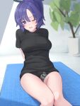  1girl arm_support arms_behind_back bananafish1111 between_legs black_shirt black_shorts blue_archive blush breasts clenched_teeth halo highres indoors large_breasts leaning_back looking_at_viewer mat on_floor one_eye_closed parted_lips plant ponytail potted_plant purple_eyes purple_hair shirt short_hair short_ponytail short_shorts shorts sitting solo teeth thighs wooden_floor yuuka_(blue_archive) 