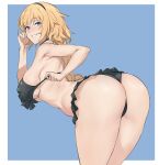  1girl absurdres ass bare_shoulders bent_over bikini black_bikini black_hairband blonde_hair blue_eyes braid braided_ponytail breasts covered_nipples das_(dan_dan) fate/grand_order fate_(series) grin hairband highres jeanne_d&#039;arc_(fate) jeanne_d&#039;arc_(swimsuit_archer)_(fate) jeanne_d&#039;arc_(swimsuit_archer)_(first_ascension)_(fate) large_breasts long_hair look_back looking_at_viewer looking_back presenting_ass smile solo swimsuit thighs 