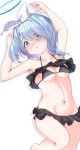  arona_(blue_archive) bikini black_bikini blue_archive blue_eyes blue_hair bow_hairband breasts collarbone frilled_bikini frills hairband halo highres looking_at_viewer lying moruhinesan navel on_back open_mouth short_hair small_breasts stomach swimsuit white_hairband 