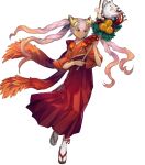  1girl dark-skinned_female dark_skin fire_emblem fire_emblem_heroes highres holding_rake japanese_clothes kimono laevatein_(fire_emblem) laevatein_(new_year)_(fire_emblem) multicolored_hair non-web_source official_alternate_costume official_art orange_hair quad_tails rake red_eyes red_kimono sandals solo tabi two-tone_hair white_hair 