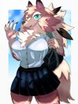  anthro biped blue_eyes bottomwear clothing female generation_7_pokemon hi_res lycanroc nintendo pawpads pepper_gomashio pokemon pokemon_(species) school_uniform simple_background skirt smile solo tan_body teeth uniform video_games wave 