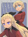  assam_(girls_und_panzer) black_ribbon black_skirt blonde_hair blue_eyes braid closed_mouth commentary darjeeling_(girls_und_panzer) girls_und_panzer hair_pulled_back hair_ribbon highres jacket long_hair long_sleeves looking_at_viewer looking_to_the_side military_uniform open_mouth purple_eyes red_jacket renshiu ribbon short_hair skirt smile st._gloriana&#039;s_military_uniform translated twin_braids uniform 