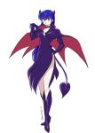  1girl blue_hair boots breasts cape choker cleavage collarbone demon_girl demon_horns demon_tail dot_mouth dress elbow_gloves full_body gloves hand_on_own_hip high_heel_boots high_heels horns knee_boots long_hair looking_to_the_side mendako_da purple_cape purple_choker purple_dress purple_footwear purple_gloves red_eyes sakura_(urusei_yatsura) side_slit sidelocks signature simple_background solo standing tail thighs urusei_yatsura white_background 