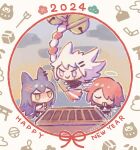  2024 animal_ear_piercing animal_ears arknights bell black_hair black_jacket chibi circular_border closed_eyes exusiai_(arknights) grey_eyes hair_ornament hair_over_one_eye hairclip halo happy_new_year highres jacket lappland_(arknights) own_hands_together praying red_hair rope_swing scar scar_across_eye smile souko_nugget swinging tail texas_(arknights) twitter_username u_u white_hair wolf_ears wolf_girl wolf_tail yellow_eyes 