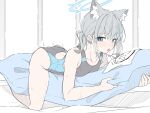  1girl animal_ear_fluff animal_ears ass bare_arms bare_legs bare_shoulders black_one-piece_swimsuit blue_archive blue_eyes blue_halo blush competition_swimsuit cross_hair_ornament doodle_sensei_(blue_archive) extra_ears grey_hair hair_between_eyes hair_ornament halo looking_at_viewer masabodo medium_hair mismatched_pupils one-piece_swimsuit open_mouth sensei_(blue_archive) shiroko_(blue_archive) shiroko_(swimsuit)_(blue_archive) solo swimsuit tongue tongue_out wolf_ears 