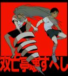  2boys absurdres azisaiharumaki56 barefoot black_border black_eyes black_hair black_shorts blurry border closed_mouth copyright_request drill grey_hair hair_between_eyes highres long_hair looking_at_viewer multiple_boys parted_lips red_background red_eyes ringed_eyes shirt shorts signature socks t-shirt translation_request v-shaped_eyebrows very_long_hair weapon white_shirt white_socks 