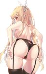  ass ass_focus backboob black_thighhighs blonde_hair breasts chukibabo2 commission garter_straps hair_ribbon highres long_hair looking_back medium_breasts original panties pointy_ears red_eyes ribbon thighhighs underwear 