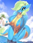  2022 anthro big_breasts bikini biped blue_body blue_scales bovid_horn breast_grab breasts campfire_(buttocher) clothing disembodied_hand dragon duo eyelashes female green_eyes green_hair guided_breast_grab hair hand_on_breast hi_res horn licking licking_lips licking_own_lips long_hair male male/female pupils scales self_lick solo solo_focus swimwear thick_thighs thousandfoldfeathers tongue tongue_out 