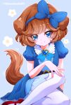  1girl animal_ears belt blue_background blue_dress blue_eyes blush brooch brown_hair delicious_party_precure dog_ears dog_tail dress heart_brooch highres jewelry looking_at_viewer medium_hair pam-pam_(precure) pantyhose precure puffy_short_sleeves puffy_sleeves red_footwear short_sleeves smile solo tail twitter_username uta_(yagashiro25) white_pantyhose 