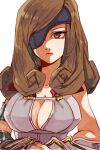  1girl armlet bare_shoulders beatrix_(ff9) breasts brown_eyes brown_hair cleavage closed_mouth curly_hair eyepatch final_fantasy final_fantasy_ix jacket large_breasts long_hair one_eye_covered serieru_(summertosuika) sleeveless sleeveless_jacket solo swept_bangs upper_body white_background white_jacket 