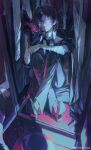  1boy 1other arm_on_knee bandaged_arm bandaged_neck bandages black_hair black_jacket black_sleeves blood blood_drip blood_on_face blood_splatter bungou_stray_dogs chinese_commentary closet coattails collared_jacket collared_shirt commentary_request covering_one_eye crossed_legs cui_(jidanhaidaitang) dazai_osamu_(bungou_stray_dogs) flower full_body glasses grey_footwear grey_headwear grey_pants gun hair_between_eyes half-closed_eye handgun hat highres indoors jacket light_smile long_sleeves male_focus murder necktie open_clothes open_jacket out_of_frame pants parted_lips red_eyes red_flower red_necktie red_sleeves round_eyewear shell_casing shirt shoes short_hair sitting sleeves_past_elbows solo_focus torn_sleeve unworn_hat unworn_headwear watermark weapon weibo_logo weibo_username white_shirt wooden_floor 