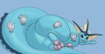 2022 absurd_res ambiguous_gender belly belly_squish big_belly big_butt blue_background blue_body butt digital_drawing_(artwork) digital_media_(artwork) digitigrade disembodied_hand eeveelution feet feral fin foot_focus generation_1_pokemon group hand_on_leg hand_on_stomach hand_on_tail hand_on_thigh hi_res hindpaw long_tail looking_at_viewer looking_back looking_back_at_viewer lying nintendo open_mouth open_smile overweight overweight_ambiguous overweight_feral pawpads paws pink_pawpads pokemon pokemon_(species) quadruped rear_view simple_background smile soles solo_focus squish tail tail_squish thick_tail thick_thighs toes trio vaporeon xeniyy