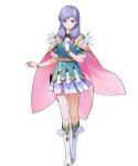  1girl alternate_costume belt_pouch boots cape circlet closed_mouth dress feather_trim fire_emblem fire_emblem:_radiant_dawn fire_emblem_heroes gold_trim gradient_clothes hair_ornament hand_on_own_chest hand_up highres ilyana_(fire_emblem) jewelry knee_boots long_hair looking_at_viewer non-web_source official_alternate_costume official_art pouch purple_eyes purple_hair short_dress short_sleeves skirt solo standing tachi-e transparent_background turtleneck urata_asao wrist_cuffs 