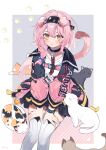  1girl absurdres animal_ears arknights black_bow black_bracelet black_cat black_collar black_hairband black_jacket blue_bow blush bow braid calico cat cat_ears cat_girl cat_tail clothes_writing collar diamond-shaped_pupils diamond_(shape) feet_out_of_frame goldenglow_(arknights) hair_between_eyes hair_bow hairband highres himey id_card infection_monitor_(arknights) invisible_chair jacket lanyard lightning_bolt_print long_hair long_sleeves looking_at_viewer multicolored_clothes multicolored_jacket multiple_cats open_clothes open_jacket orange_cat pink_hair pink_jacket print_bow print_hairband sitting solo symbol-shaped_pupils tail thighhighs two-tone_jacket white_cat white_thighhighs yellow_eyes 