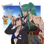  2girls arknights baseball_cap belt bikini black_belt black_shirt blue_bikini blue_hair breasts can ch&#039;en_(arknights) ch&#039;en_the_holungday_(arknights) character_name choker cleavage dlanon dragon_girl dragon_horns dragon_tail eyewear_on_headwear folded_ponytail fur-tipped_tail green_hair grey_skirt hair_between_eyes hair_over_one_eye hand_in_pocket hand_on_headwear hand_up hat height_difference holding holding_can hood hood_down hooded_jacket horns horns_through_headwear hoshiguma_(arknights) jacket looking_at_viewer medium_breasts multiple_girls one_eye_covered open_clothes open_jacket open_mouth pointy_ears ponytail red_choker scar_on_shoulder shirt shirt_tucked_in simple_bird single_horn skin-covered_horns skirt swimsuit tail white_headwear yellow_eyes 